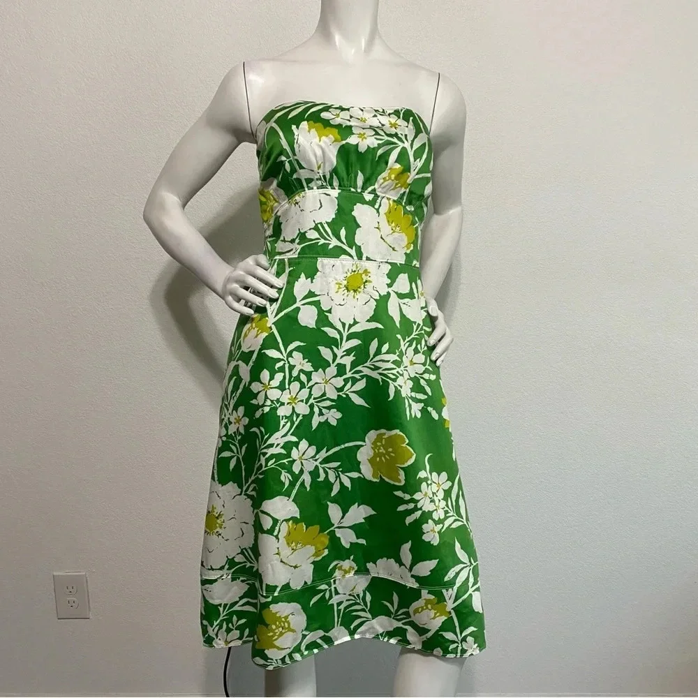 J. Crew Green White Floral Tropical Ruffle Hem Strapless Midi Dress Size 4
